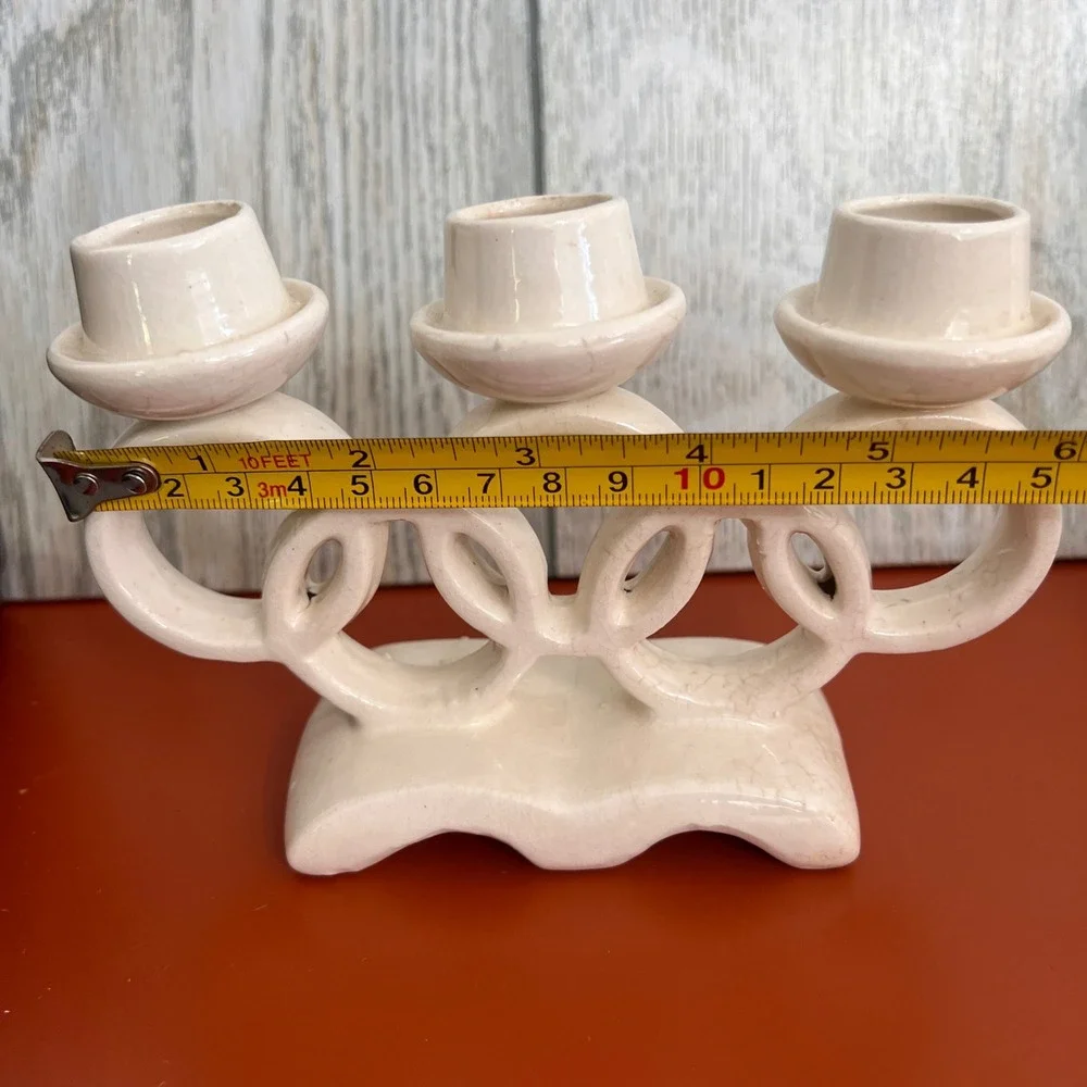 Vintage Japan Ceramic Triple Taper Candle Holder‎ Cream Interlocking Rings 4.5